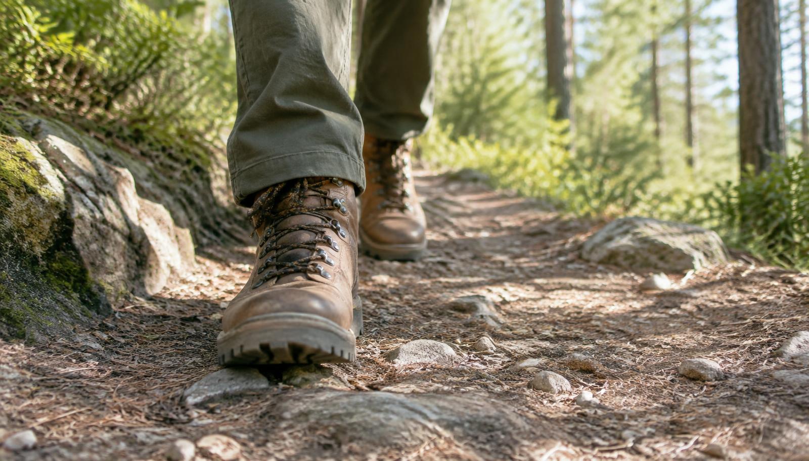 Hiking boots walking along a sunny forest trail