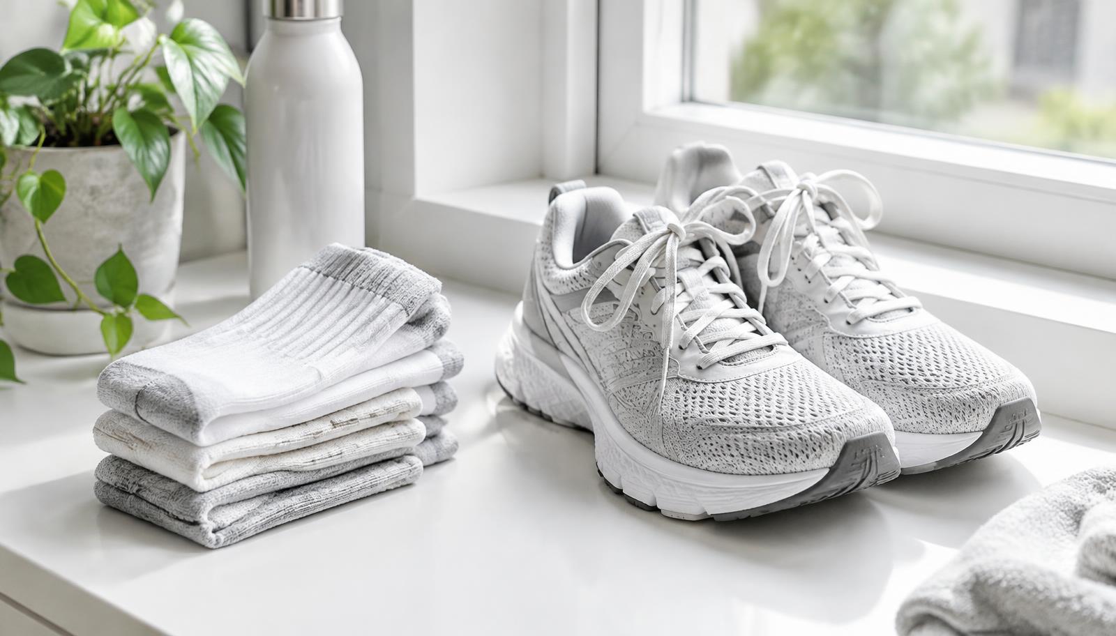 Fresh folded socks beside breathable running shoes airing by a window