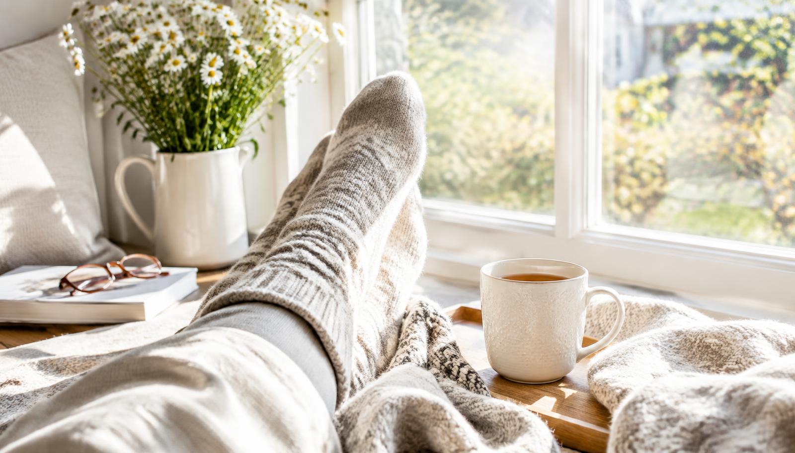 Feet in warm wool socks resting by a sunny window with a cup of tea